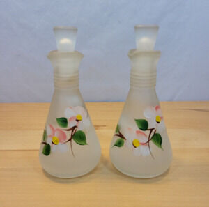Pair Vintage Hand Painted Hazel Atlas Gay Fad Pink Flowers Cruets & Stoppers
